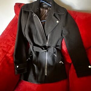 Express Black Belted Trench Coat with Asymmetric Zip and Notch Collar